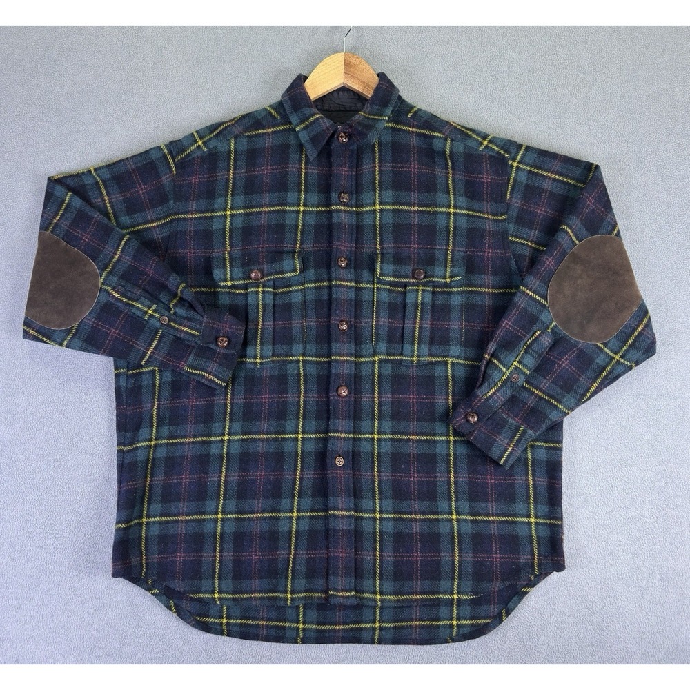 Banana Republic Cabinwear Shirt Medium Green Blue Leather Button Elbow Patch Vtg